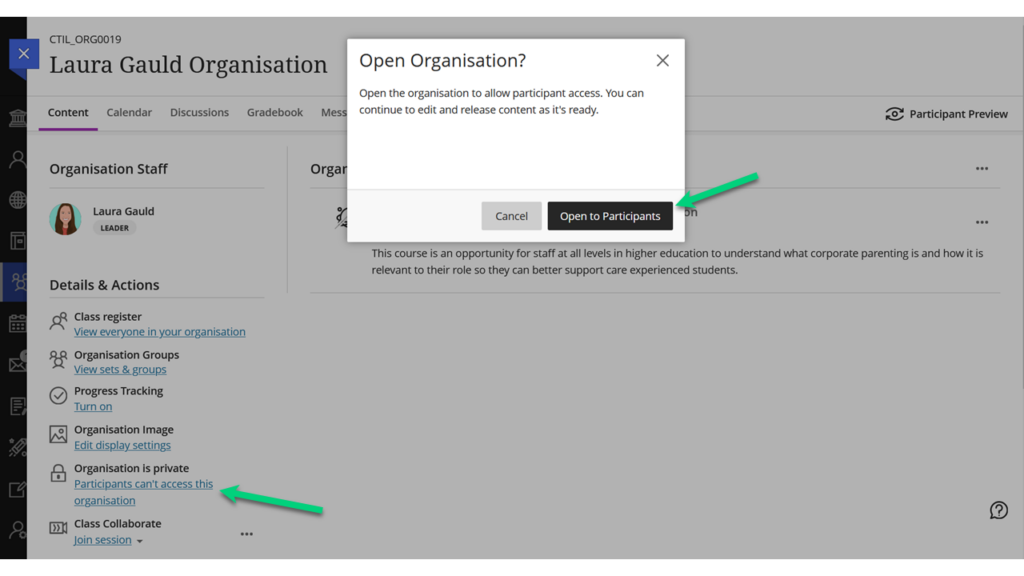 Screenshot of an organisation showing where to click to set the availability of the organisation. 