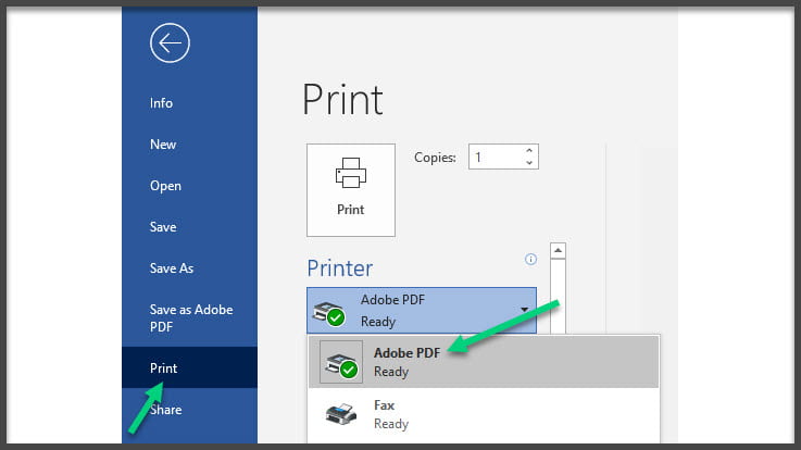 Screenshot of the file panel in Word with the Print area open. Adobe PDF is selected as the printer with an arrow pointing to this.