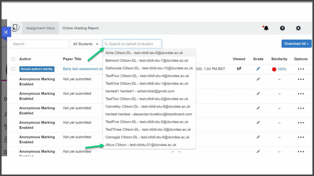 Screenshot of anonymous Turnitin Submission page with the dropdown menu under 'Submit on behalf of a student' open