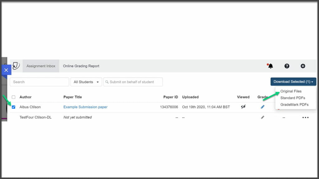 Screenshot of the Turnitin assignment inbox with an arrow pointing at the tick box next to the student's name. There is also an arrow pointing at the drop-down menu for "Download selected" where Original Files is chosen. 