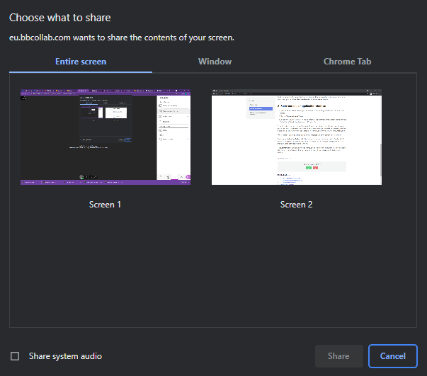 Screenshot of Share Application pop-up from Collaborate with arrow point at selected window