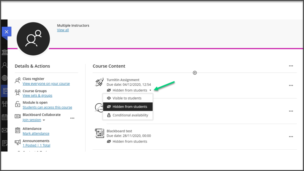 Screenshot of Course Content page and an item with the visibility menu open