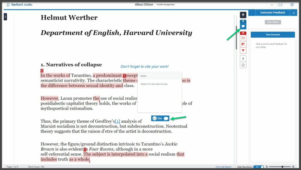 Student submission with arrows pointing at open Quickmark comment and overall Feedback panel.