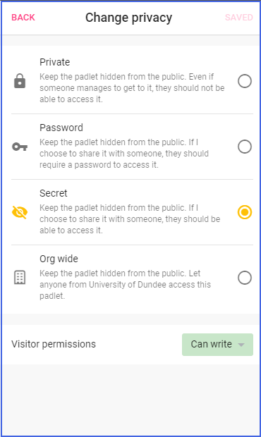 Change privacy window with secret selected