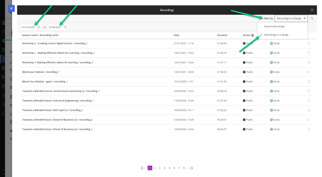 Screenshot of the 'view all recordings' window in Collaborate. The filter is open with an arrow pointing to 'view all recordings in a range'. There are also two arrows pointing to the start and end date for the range.