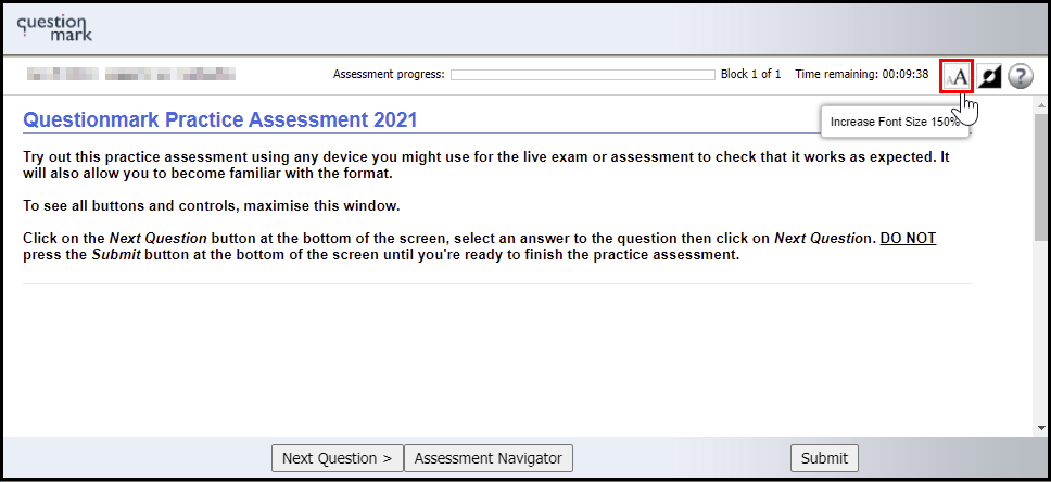 Screenshot of a Questionmark assessment with the increase font size option highlighted at the top right hand side of the screen