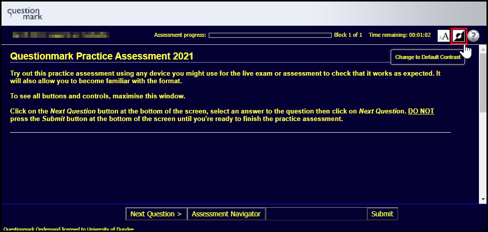 Screenshot of a Questionmark assessment with the contrast option highlighted at the top right hand side of the screen
