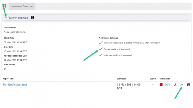 Screenshot of the submission area in Turnitin from a student account. There is an arrow pointing at the drop-down menu next to the assignment title so the settings are visible, there is an arrow next to the setting that says that resubmissions are allowed, and an arrow pointing at the upload icon.