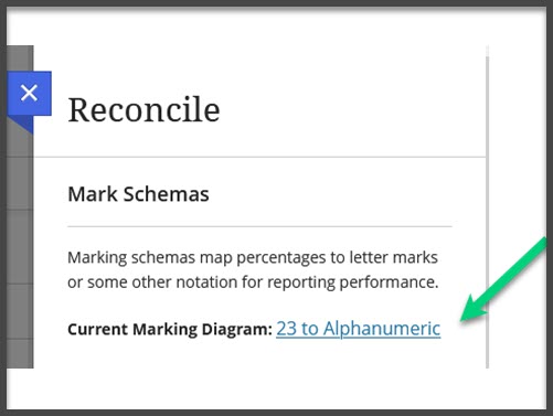 Screenshot of the Gradebook Settings with an arrow point to the link that says "23 to Alphanumeric".