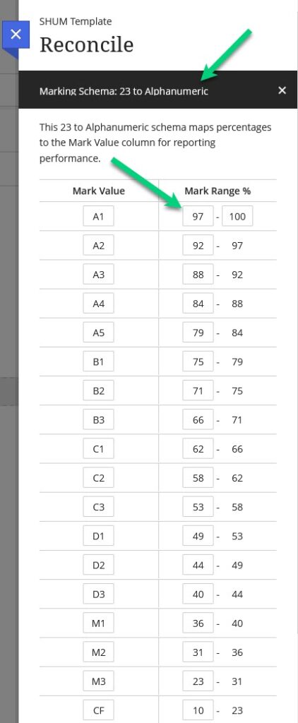Screenshot of the Marking Schema editing window, with an arrow pointing to the titles and the editable text boxes.