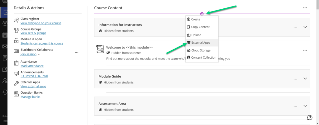 Screenshot of the course content page in a module. The plus sign to create content is open, and the menu item for Content and Tools is highlighted.