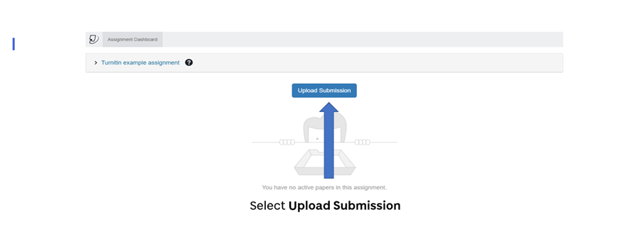 Screenshot of the submission inbox in Turnitin with an arrow pointing to the Upload Submission button in the centre of the screen.