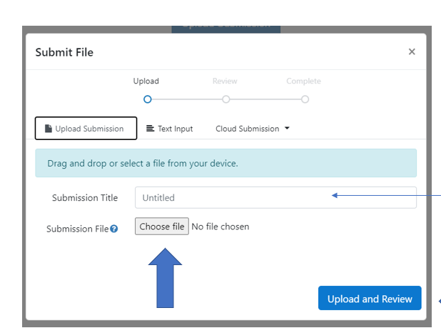 Screenshot of the upload page in Turnitin with an arrow pointed at the 'Choose file' button.