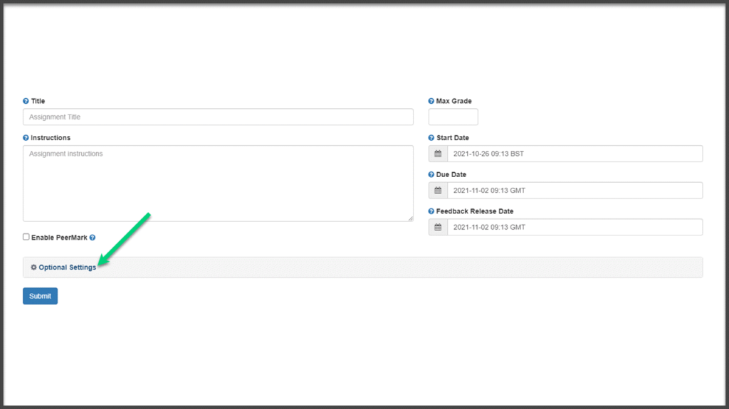 Screenshot of the page to create a Turnitin assignment. The link for 'Optional settings' has a circle around it.