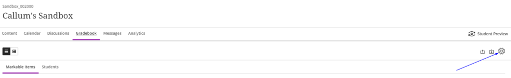 Screenshot of the gradebook with a circle around the gradebook icon and with an arrow pointing to the settings cog wheel