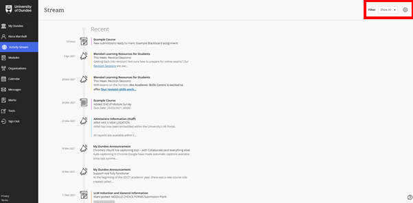 My Dundee activity stream highlighting the filter drop down and cog wheel button