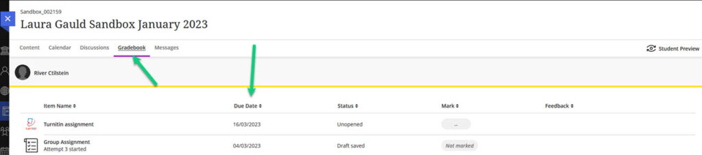 Screenshot of the gradebook in a module, with an arrow pointing at the gradebook tab and another arrow pointing at the due date column. 