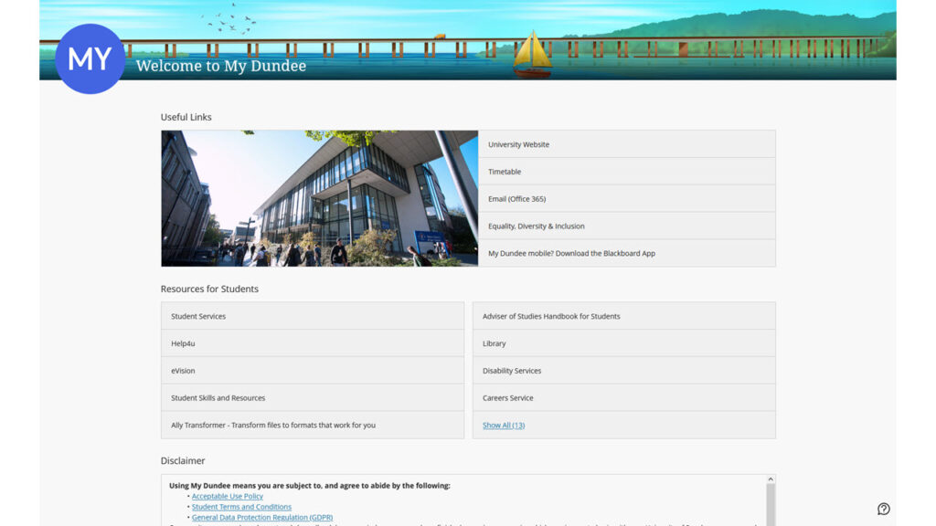 Screenshot of a student's Institution Page view in My Dundee.