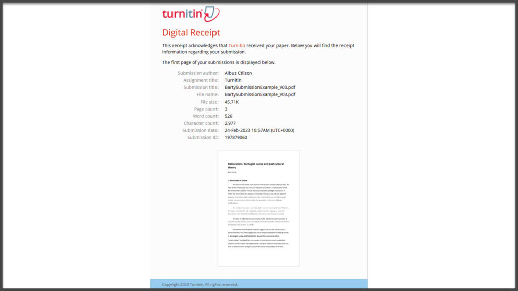 Screenshot of a Turnitin Submission Receipt.