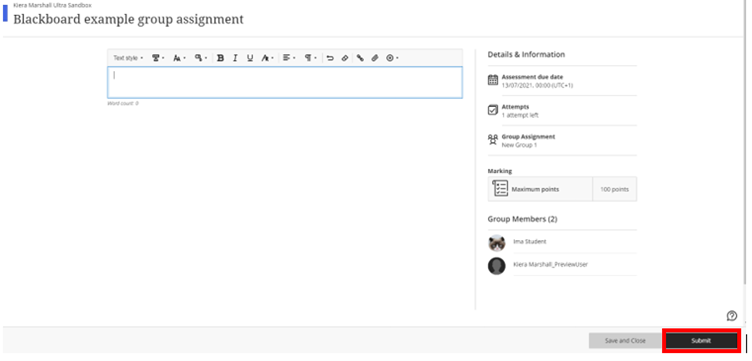 My Dundee assessment highlighting the submit button