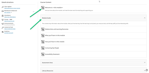 Blackboard module highlighting the welcome to the module document and the module guide