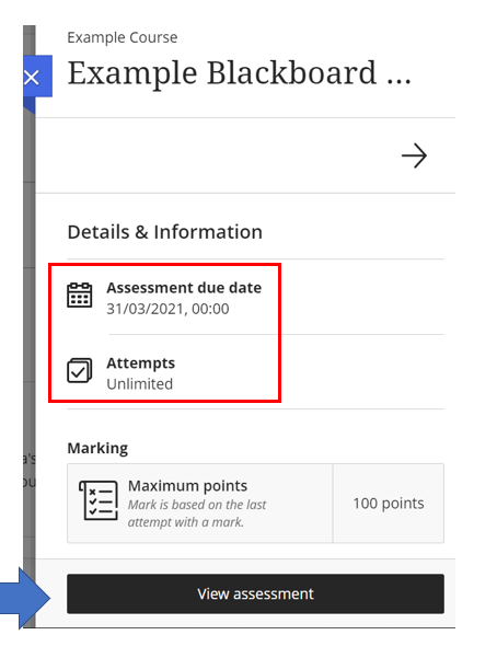 Blackboard assessment information panel highlighting the assessment due date, the number of attempts available and the view assessment button