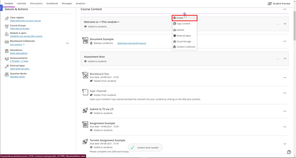 Blackboard Ultra Module screen showing the course content and the add content drop-down with the Create button highlighted