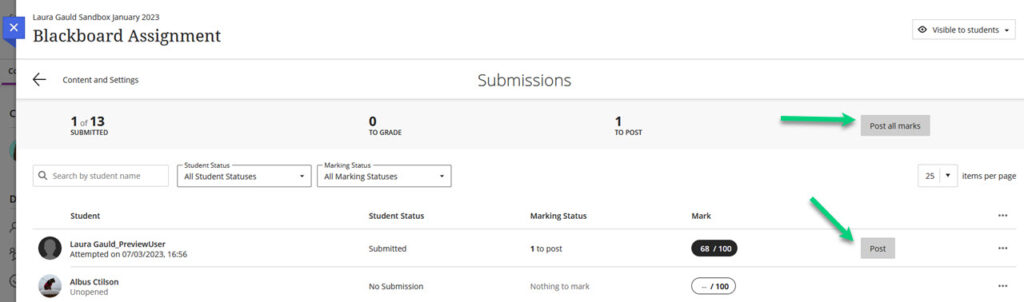 Screenshot of the Blackboard test/assignment submissions page. There an arrow pointing towards 'Post' next to an individual student's submission. There is another arrow at the top of the screen pointing to "Post all marks".