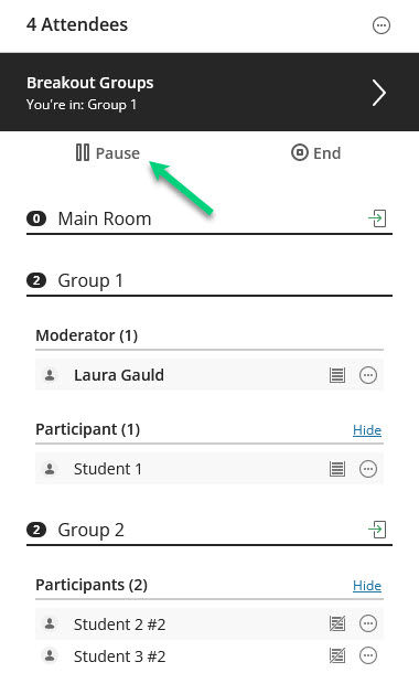 Screenshot of the breakout room tab open while breakout rooms are being used. There is an arrow at the "Pause" button.