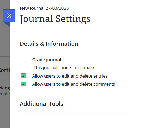 Screenshot of Journal Settings. 