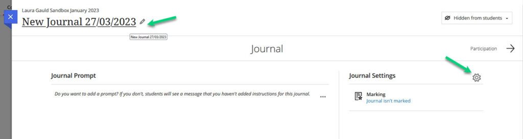 Screenshot of a Journals page with an arrow pointing at the title and the settings cog wheel. 