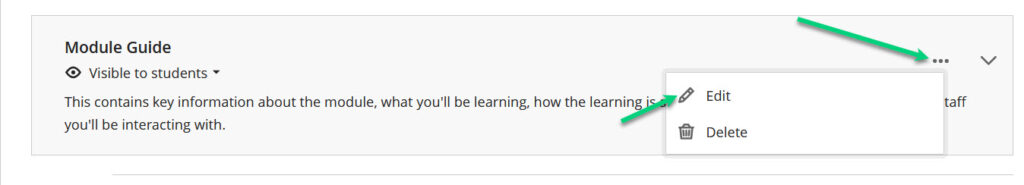 Screenshot of a Learning Module with an arrow pointing at the three dots menu for it. The menu is open and there is an arrow pointing to the "edit" option. 