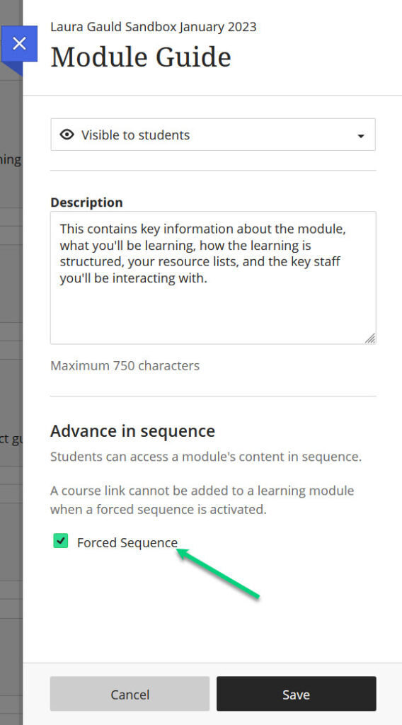 Screenshot of the edit side-panel for a Learning Module. There is an arrow pointing at the "Forced Sequence" option. 