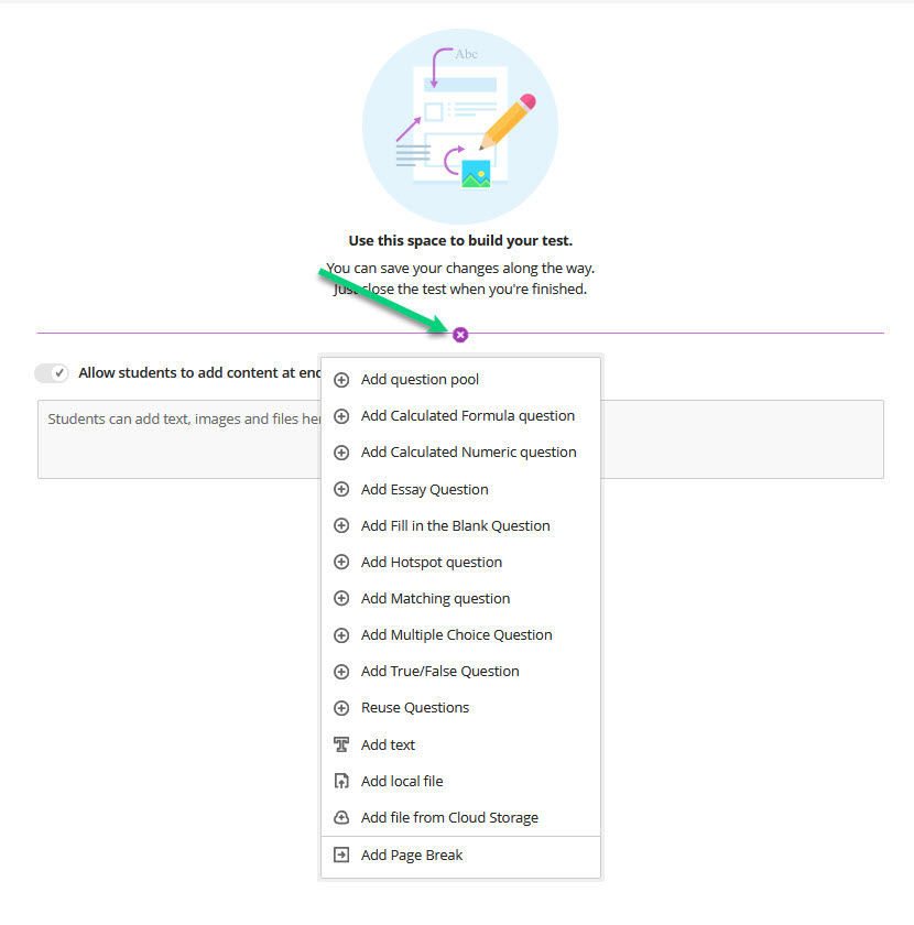 Screenshot of the Blackboard test screen showing the add questions drop-down open. There is an arrow pointing to the plus sign icon in the middle of the page that opens this menu. 