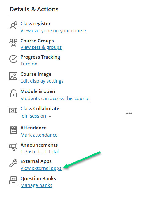 Screenshot of the Details & Actions menu in a module with an arrow pointing at the View External Apps link. 