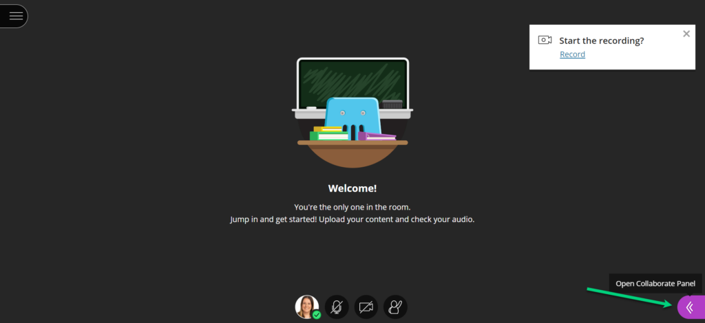 Screenshot of the Collaborate screen with an arrow pointing at the arrows to open the Collaborate panel.