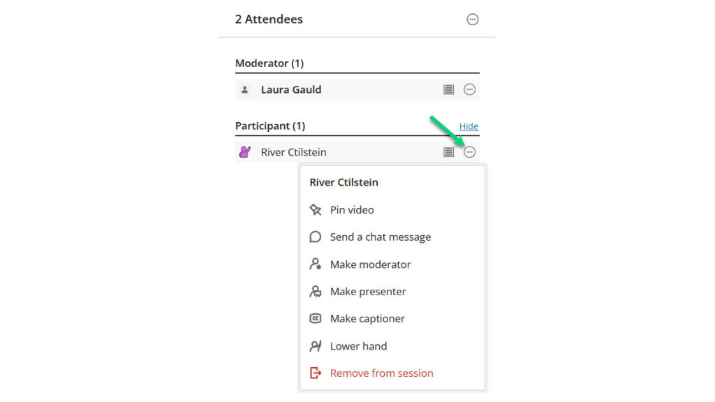 Screenshot of the attendees panel in Collaborate. The three dots menu next to a Participant is open and there is an arrow pointing to the three dots.