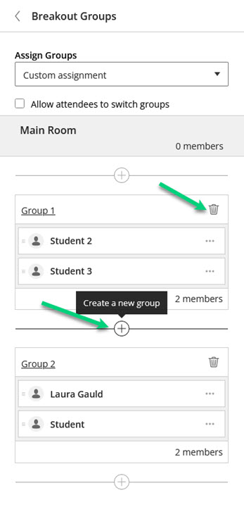 Screenshot of a Collaborate Breakout Room setup using custom groups. There is an arrow pointing at the plus sign to create new groups, and another arrow pointing at a bin icon next to a group name. 