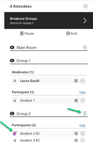 Screenshot of a Collaborate session in a breakout session. There is an arrow pointing to the circle on the 'door' icon to allow the moderator to move between breakout rooms. There is another arrow pointing to a student with their hand raised. 