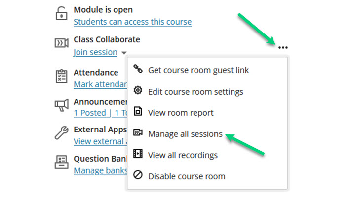 Screenshot of the Collaborate menu open with an arrow pointing at the three dot menu and at the "manage all sessions" option.