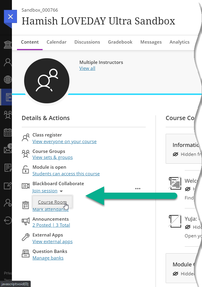 Screen shot of Collaborate session highlighting the  ‘Join Session’ and ‘Course room’ to open the session