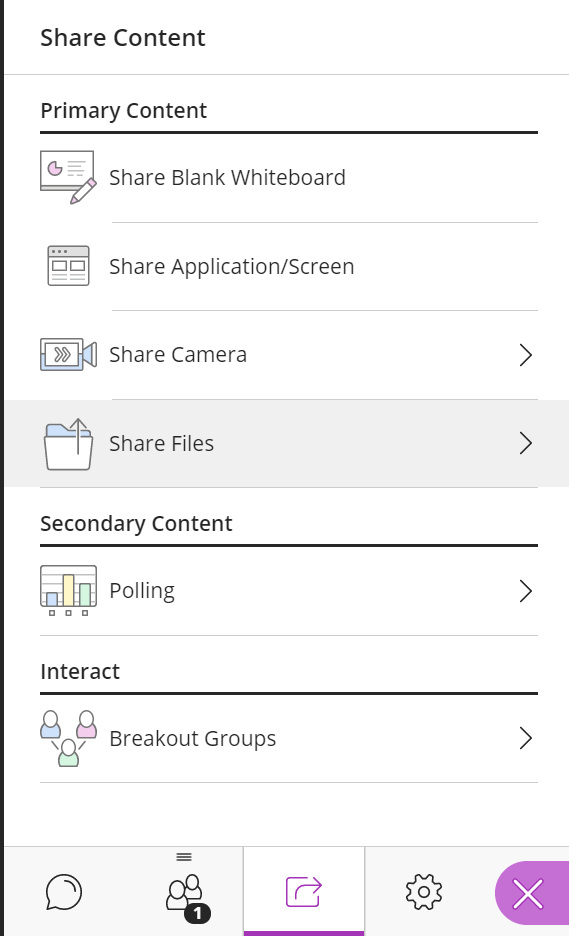 Screenshot of the Share Content tab in a Collaborate session.