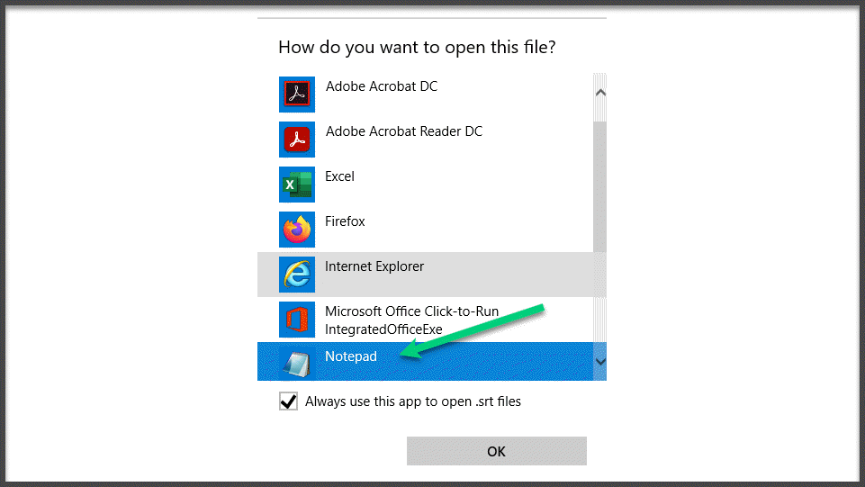 Screenshot of the Open With option, with an arrow pointing to the NotePad app 
