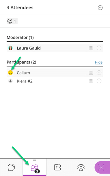 Screenshot of the attendees panel in a Collaborate session. There is an arrow pointing to the attendees tab option, and another pointing at a smiley emoji next to one user's name.