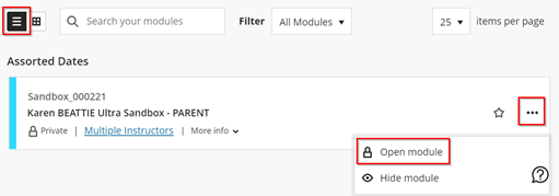 Screenshot of the Modules page in List View showing where to click to set the availability of the module.