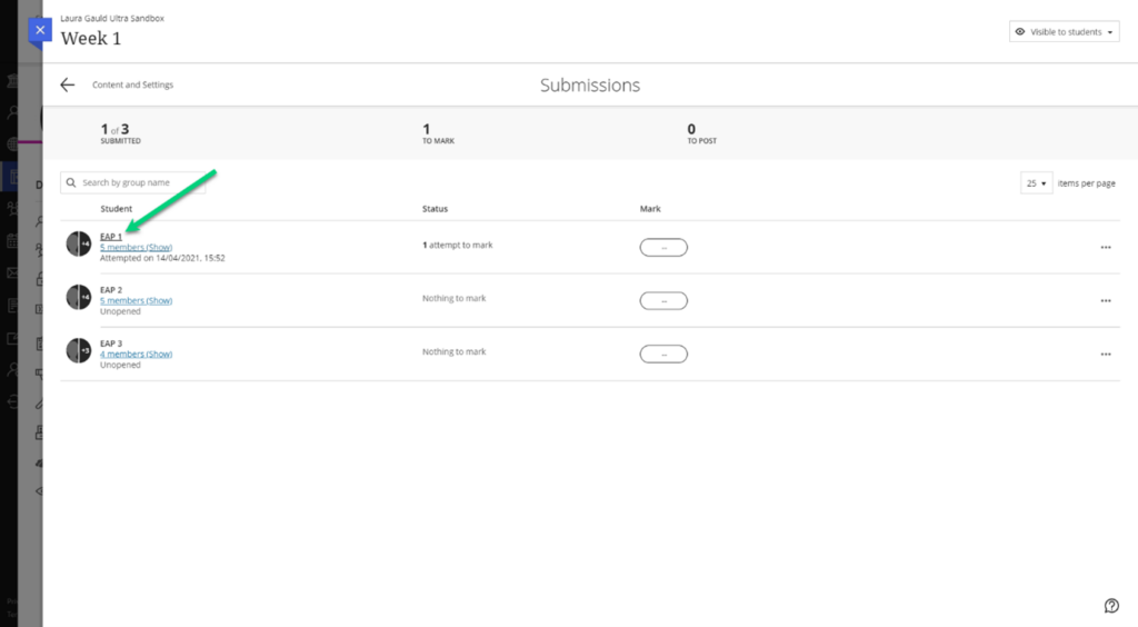 Blackboard ultra assignment submissions screen highlighting a group submission