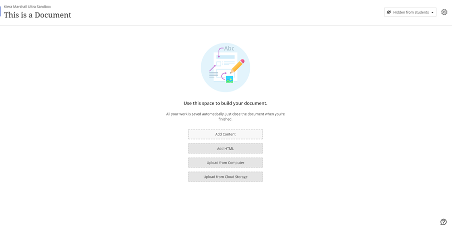 Blackboard document screen showing the add content to your document