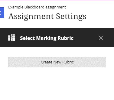 Blackboard assignment settings showing the select rubric screen
