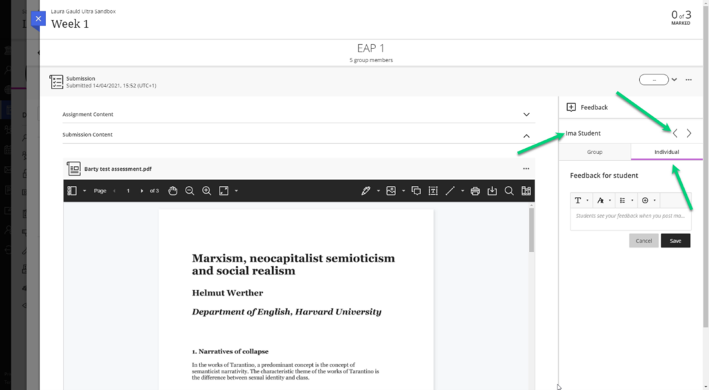 Blackboard assessment group submission  view highlighting the feedback column