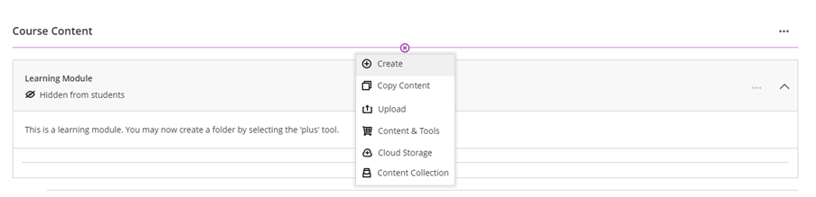 Screenshot of the course content area of a module/organisation. The plus sign has been clicked in order to add content, and the menu with the content options is open.